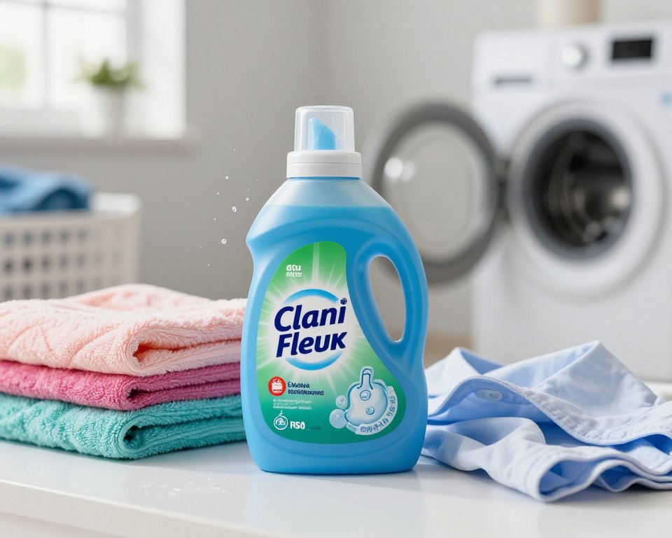 A laundry sanitizer additive bottle prominently displayed in the foreground, with vivid blue and green packaging emphasizing its antibacterial properties. Nestled beside the bottle, a small heap of fresh laundry—colorful towels and a light cotton shirt—suggesting cleanliness and freshness. In the middle ground, a subtle hint of bubbles and water droplets to signify the cleansing action of the product. The background features a neatly organized laundry room, softly lit with natural light filtering through a window, casting gentle shadows. The overall atmosphere should feel fresh, clean, and inviting, evoking a sense of trust in the effectiveness of the sanitizer additive as an alternative to bleach. The scene is captured with a shallow depth of field, focusing on the sanitizer bottle while ensuring the laundry is well-defined. A laundry sanitizer additive bottle prominently displayed in the foreground, with vivid blue and green packaging emphasizing its antibacterial properties. Nestled beside the bottle, a small heap of fresh laundry—colorful towels and a light cotton shirt—suggesting cleanliness and freshness. In the middle ground, a subtle hint of bubbles and water droplets to signify the cleansing action of the product. The background features a neatly organized laundry room, softly lit with natural light filtering through a window, casting gentle shadows. The overall atmosphere should feel fresh, clean, and inviting, evoking a sense of trust in the effectiveness of the sanitizer additive as an alternative to bleach. The scene is captured with a shallow depth of field, focusing on the sanitizer bottle while ensuring the laundry is well-defined.
