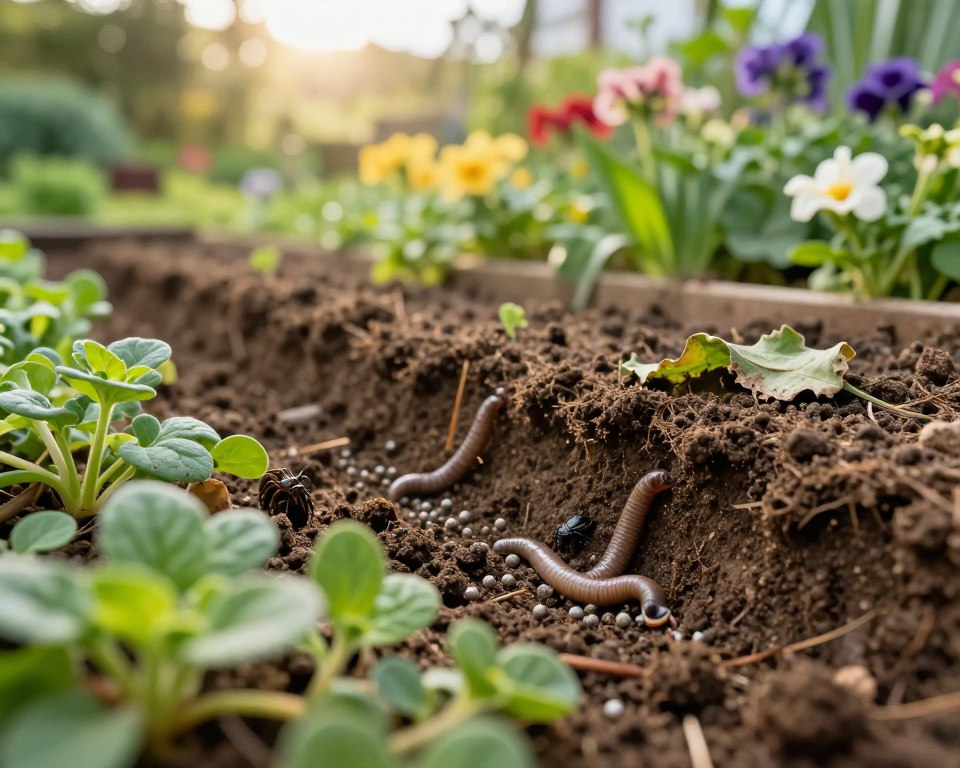 A lush garden scene highlighting the environmental impact of traditional slug pellets on the soil. In the foreground, vibrant green plants and herbs are interspersed with small, visible slug pellets, some dissolving into the soil. Earthworms and beneficial insects are depicted emerging from the rich, brown soil, emphasizing the ecosystem's health. The middle ground features a close-up of soil layers showing texture and moisture, while a few wilted leaves hint at damage caused by pellets. In the background, a soft-focus, sunlit garden with a variety of flowers creates a warm atmosphere. The lighting is natural and bright, capturing the early morning sun filtering through the leaves, suggesting an inviting yet cautionary mood about the hidden effects of slug control measures on soil health.