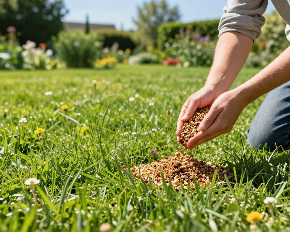 A lush green lawn thriving under bright sunlight, showcasing a vibrant organic fertilization process. In the foreground, a gardener in modest casual clothing is seen hand-spreading organic fertilizer, a rich mixture of natural components like compost and earthy granules. The middle ground features the well-nourished grass, visibly healthy, with various shades of green, dotted with small wildflowers. In the background, a serene, gently blurred garden landscape with trees and a clear blue sky, providing a cheerful atmosphere. Soft sunlight illuminates the scene, creating gentle shadows that accentuate the textures of the lawn and the materials used. The mood is uplifting, conveying the benefits of caring for the lawn in an eco-friendly manner. A lush green lawn thriving under bright sunlight, showcasing a vibrant organic fertilization process. In the foreground, a gardener in modest casual clothing is seen hand-spreading organic fertilizer, a rich mixture of natural components like compost and earthy granules. The middle ground features the well-nourished grass, visibly healthy, with various shades of green, dotted with small wildflowers. In the background, a serene, gently blurred garden landscape with trees and a clear blue sky, providing a cheerful atmosphere. Soft sunlight illuminates the scene, creating gentle shadows that accentuate the textures of the lawn and the materials used. The mood is uplifting, conveying the benefits of caring for the lawn in an eco-friendly manner.