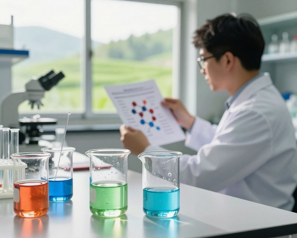 A lush laboratory setting in the foreground features small glass beakers filled with vibrant liquids representing different surfactants, gently bubbling and reflecting light. The middle ground shows a scientist in professional attire examining a chart detailing surfactants' molecular structures, highlighting their role in biodegradability. In the background, a large window reveals a green landscape, symbolizing eco-friendliness and nature. Soft daylight streams in, casting a warm, inviting glow across the scene. The atmosphere is one of innovation and hope, filled with the promise of sustainable materials. The overall color palette incorporates greens and blues to convey a sense of nature, while the details maintain clarity and focus on the scientific components.