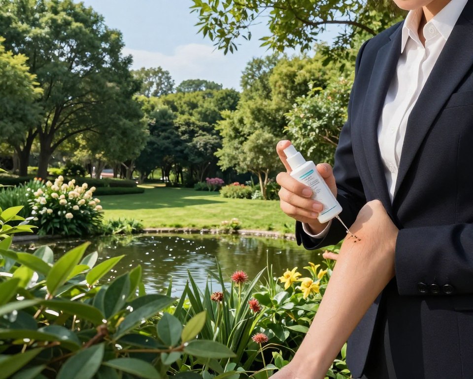 A lush outdoor scene illustrating environmental factors affecting insect repellent efficacy. In the foreground, a person dressed in professional business attire is applying insect repellent on exposed skin while standing near a dense patch of foliage. In the middle ground, various environmental elements such as a small pond, sunlit grass, and flower clusters reflect biodiversity. The background features tall, shaded trees under a clear blue sky. Soft, natural lighting enhances the overall atmosphere, evoking a sense of tranquility and awareness of nature's role in pest interactions. The image captures the intricate relationship between environment and repellent effectiveness, while maintaining a clean and professional aesthetic.
