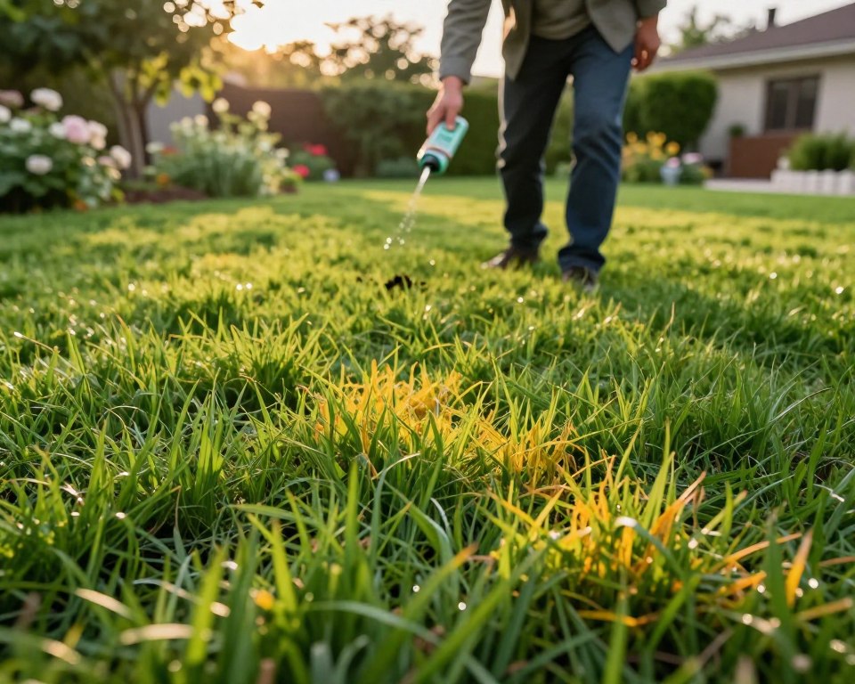 A lush, vibrant lawn displaying the effects of chemical fertilizers, with a detailed close-up of rich green grass blades in the foreground, some showing signs of over-fertilization like yellowing and patchiness. In the middle ground, a gardener in modest casual clothing thoughtfully inspects the lawn, equipped with a soil testing kit, emphasizing the environmental impact of fertilizers. In the background, a serene residential setting with flowering plants and trees reflects a healthy ecosystem, capturing the juxtaposition of beauty and potential harm. The lighting is soft and warm, suggesting late afternoon, with gentle sunlight filtering through the leaves, creating an inviting yet contemplative atmosphere. The overall mood conveys a deep concern for the environmental consequences of chemical fertilizers. A lush, vibrant lawn displaying the effects of chemical fertilizers, with a detailed close-up of rich green grass blades in the foreground, some showing signs of over-fertilization like yellowing and patchiness. In the middle ground, a gardener in modest casual clothing thoughtfully inspects the lawn, equipped with a soil testing kit, emphasizing the environmental impact of fertilizers. In the background, a serene residential setting with flowering plants and trees reflects a healthy ecosystem, capturing the juxtaposition of beauty and potential harm. The lighting is soft and warm, suggesting late afternoon, with gentle sunlight filtering through the leaves, creating an inviting yet contemplative atmosphere. The overall mood conveys a deep concern for the environmental consequences of chemical fertilizers.
