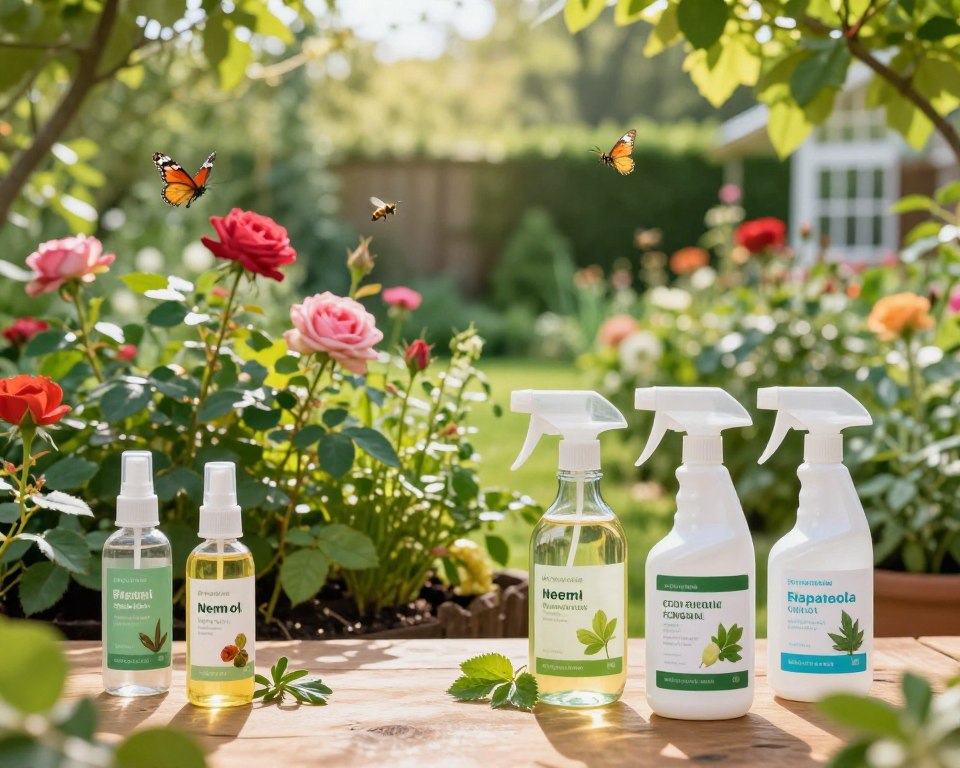 A lush, well-maintained garden showcasing various plants thriving in vibrant colors, with a focus on safe, eco-friendly fungicides. In the foreground, display several elegant spray bottles labeled with natural ingredients, such as neem oil and baking soda solutions, positioned artfully on a wooden table. The middle ground features healthy plants, including roses and vegetables, showing signs of lush growth, suggesting effective disease prevention. In the background, a soft-focus garden scene with butterflies and bees buzzing enhances the atmosphere, conveying a sense of harmony with nature. Warm, natural daylight filters through overhead foliage, creating dappled light patterns. The overall mood is serene and inviting, promoting a safe gardening experience.