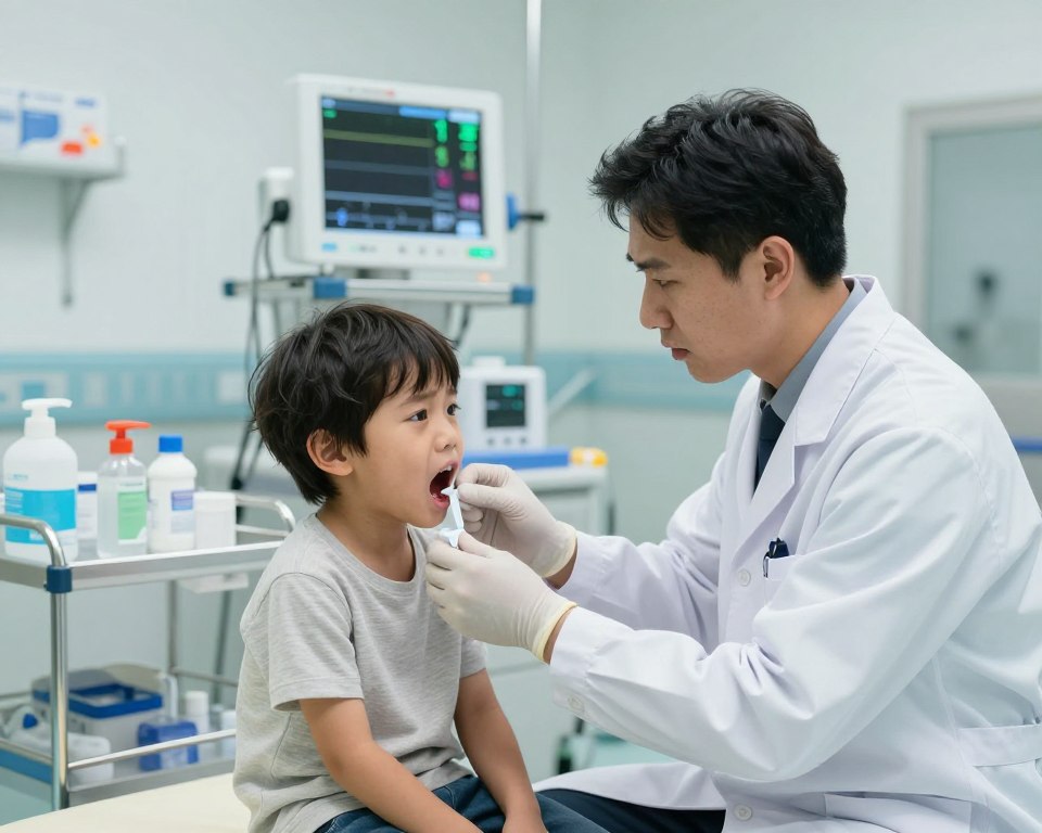 A medical professional in a well-lit emergency room, wearing a white lab coat and safety gloves, is carefully administering treatment to a young child who appears distressed after potential exposure to a detergent pod. The foreground features the doctor gently assessing the situation with a concerned expression, while the child, dressed in comfortable clothing, holds an open mouth as if being examined. In the middle ground, various medical supplies like saline solution and safety equipment are neatly organized on a cart. The background showcases a sterile emergency environment with bright lighting and a monitor displaying vital signs. The atmosphere conveys urgency but also professionalism, emphasizing the importance of swift medical response in the treatment of chemical exposure situations.