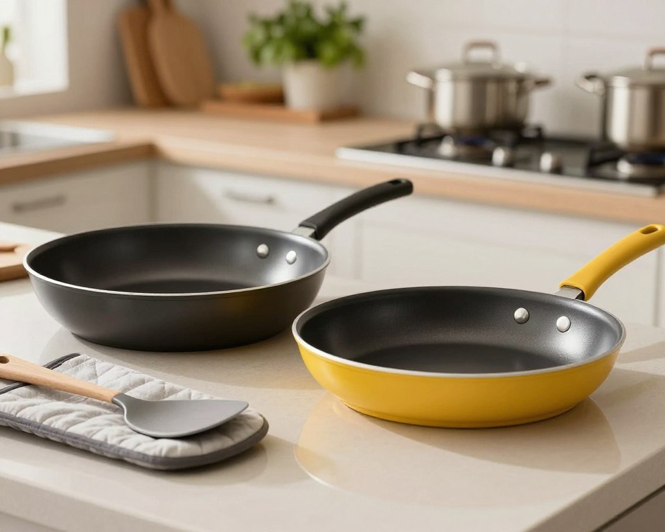 A meticulously arranged kitchen countertop featuring two distinct cooking surfaces: a sleek, dark anodized aluminum skillet on one side, showcasing its smooth, brushed texture, and a brightly colored non-stick frying pan on the other, spotlighting its shiny, easy-clean surface. In the foreground, kitchen utensils like spatulas and oven mitts elegantly surround the pans. The middle ground captures the glimmer of soft, warm lighting reflecting off the cookware, emphasizing their differences, while the background features a blurred kitchen scene with pots and herbs, creating a homely atmosphere. Capture this composition with a slightly low-angle perspective, creating depth, and use a shallow depth of field to draw focus on the cookware surfaces. The mood is informative and inviting, urging viewers to appreciate the contrasts in cooking materials. A meticulously arranged kitchen countertop featuring two distinct cooking surfaces: a sleek, dark anodized aluminum skillet on one side, showcasing its smooth, brushed texture, and a brightly colored non-stick frying pan on the other, spotlighting its shiny, easy-clean surface. In the foreground, kitchen utensils like spatulas and oven mitts elegantly surround the pans. The middle ground captures the glimmer of soft, warm lighting reflecting off the cookware, emphasizing their differences, while the background features a blurred kitchen scene with pots and herbs, creating a homely atmosphere. Capture this composition with a slightly low-angle perspective, creating depth, and use a shallow depth of field to draw focus on the cookware surfaces. The mood is informative and inviting, urging viewers to appreciate the contrasts in cooking materials.