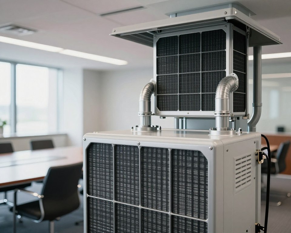A modern HVAC system installed in a sleek conference room, showcasing an intricate HEPA filter seamlessly integrated into the ventilation system. In the foreground, focus on the HEPA filter unit, emphasizing its high-efficiency particulate air filtration capabilities with detailed textures and a clean, sleek design. In the middle ground, display the HVAC ducts connecting to the filter, demonstrating a well-organized air distribution setup. The background contains large windows allowing natural light to flood the room, enhancing a bright, airy ambiance. Use soft, ambient lighting to create a professional and polished atmosphere. Capture the scene from a slightly elevated angle to provide a comprehensive view of the integration of the HEPA filter with the HVAC system, highlighting its importance in maintaining indoor air quality. A modern HVAC system installed in a sleek conference room, showcasing an intricate HEPA filter seamlessly integrated into the ventilation system. In the foreground, focus on the HEPA filter unit, emphasizing its high-efficiency particulate air filtration capabilities with detailed textures and a clean, sleek design. In the middle ground, display the HVAC ducts connecting to the filter, demonstrating a well-organized air distribution setup. The background contains large windows allowing natural light to flood the room, enhancing a bright, airy ambiance. Use soft, ambient lighting to create a professional and polished atmosphere. Capture the scene from a slightly elevated angle to provide a comprehensive view of the integration of the HEPA filter with the HVAC system, highlighting its importance in maintaining indoor air quality.