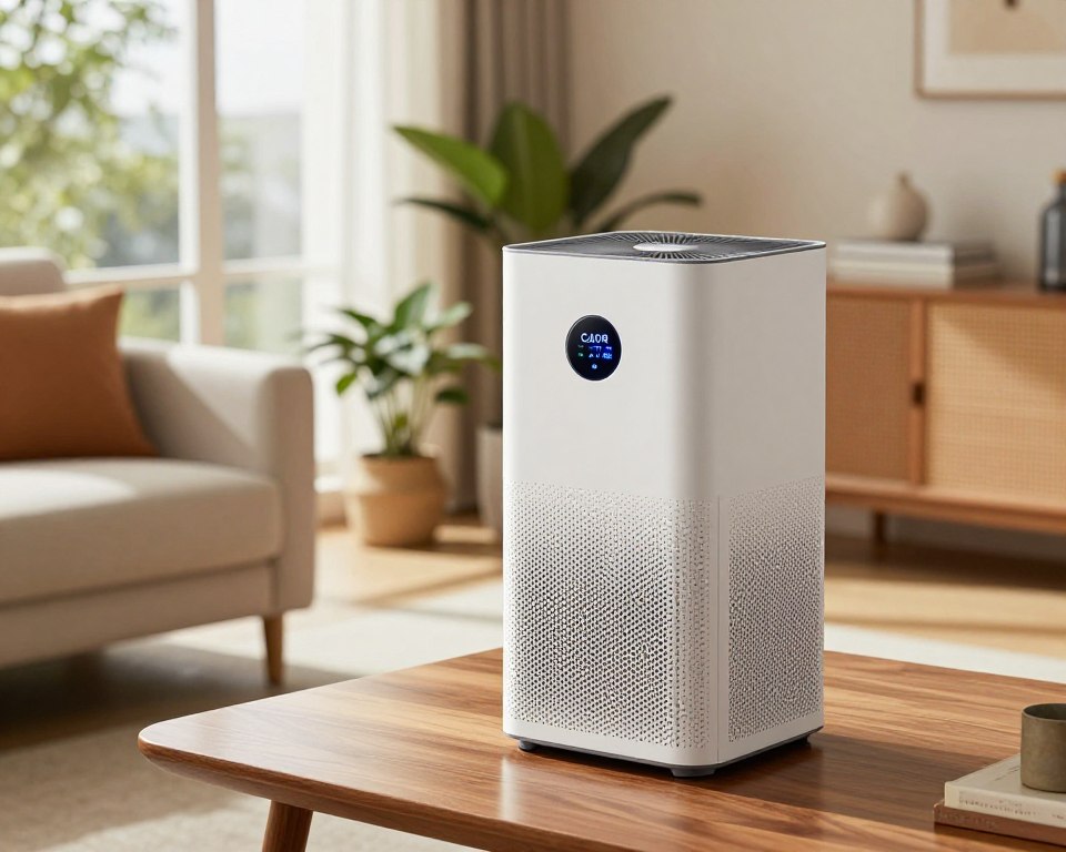 A modern air purifier prominently displayed in a sleek, well-lit home environment, showcasing its CADR (Clean Air Delivery Rate) metrics visually represented. In the foreground, a stylish air purifier stands on a polished wooden table, with its digital display glowing softly, illustrating key performance metrics such as CADR values for dust, pollen, and smoke. The middle ground features plants and soft furnishings to create a cozy atmosphere, indicative of a clean indoor space. Natural light streams in from a large window in the background, enhancing the serene mood while casting soft shadows. The scene is captured with a slightly elevated angle to emphasize the air purifier's features, inviting viewers to engage with the technology's efficiency in improving air quality.