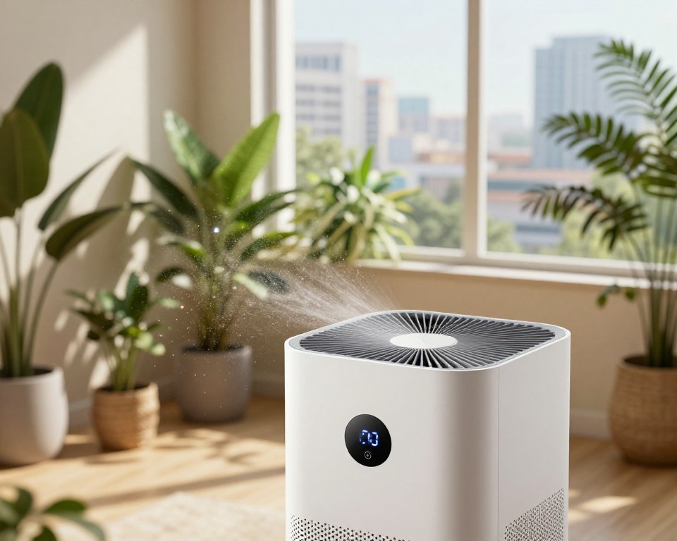 A modern air purifier prominently positioned in the foreground, showcasing its sleek design and digital display. Surrounding it, visualize floating particles representing toxic chemicals being drawn into the purifier’s intake. In the middle ground, a sunlit room filled with lush indoor plants, creating a contrast with the technological aspect of the air purifier, emphasizing a healthy environment. In the background, a large window reveals a bustling city landscape, hinting at pollution outside. Soft, warm lighting filters through the window, casting gentle shadows and giving a calm, reassuring atmosphere. Capture the essence of clean air and health, while showcasing the air purifier’s function in a realistic yet appealing manner. Use a professional lens angle to highlight details, making the viewer feel the purifying effect it has on the space.