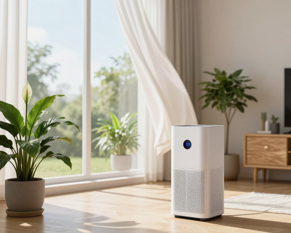 A modern, airy living space showcasing indoor air quality. In the foreground, a stylish air purifier emits a soft glow, its filter visible and clean, symbolizing pure air. In the middle ground, a large window reveals a bright, sunny day, with fresh curtains gently fluttering in the breeze, emphasizing good ventilation. Potted plants, such as a peace lily and spider plant, are strategically placed around the room, indicating their air-purifying qualities. The background features an inviting, minimalist interior with light-colored walls and wooden furniture, conveying a sense of tranquility. Soft, diffused lighting enhances the atmosphere, creating a calm and serene feeling. The overall mood is fresh and revitalizing, illustrating the importance of clean air in preventing headaches.