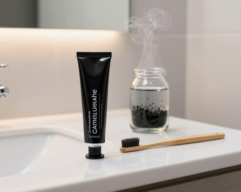 A modern bathroom scene showcasing activated charcoal toothpaste specifically designed for enamel protection. In the foreground, a sleek black tube of charcoal toothpaste with a glossy finish rests on a pristine white countertop. Next to it, a bamboo toothbrush with soft bristles hints at an eco-friendly lifestyle. In the middle ground, a clear glass jar of natural mouthwash with charcoal particles can be seen, emphasizing oral care. The background features a well-lit mirror reflecting soft, warm light, creating a relaxing atmosphere. Gentle steam rises from a nearby sink, suggesting a freshly used space. The overall mood is clean, inviting, and scientifically oriented, conveying an emphasis on enamel remineralization and dental health. The composition is framed with a slightly angled perspective, drawing the viewer's eye to the toothpaste and associated dental products. A modern bathroom scene showcasing activated charcoal toothpaste specifically designed for enamel protection. In the foreground, a sleek black tube of charcoal toothpaste with a glossy finish rests on a pristine white countertop. Next to it, a bamboo toothbrush with soft bristles hints at an eco-friendly lifestyle. In the middle ground, a clear glass jar of natural mouthwash with charcoal particles can be seen, emphasizing oral care. The background features a well-lit mirror reflecting soft, warm light, creating a relaxing atmosphere. Gentle steam rises from a nearby sink, suggesting a freshly used space. The overall mood is clean, inviting, and scientifically oriented, conveying an emphasis on enamel remineralization and dental health. The composition is framed with a slightly angled perspective, drawing the viewer's eye to the toothpaste and associated dental products.