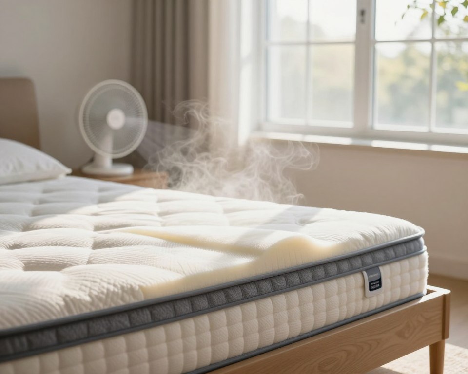 A modern bedroom scene featuring a neatly made bed with a new mattress partially unwrapped, showing visible layers of foam and fabric. In the foreground, wisps of translucent vapor rise from the mattress, indicating off-gassing. The middle ground captures a well-lit window with sunlight streaming in, enhancing the freshness of the air. A small fan is placed nearby, gently blowing air towards the mattress, symbolizing proper airing out techniques. Soft, natural colors dominate the atmosphere, conveying a sense of calm and cleanliness. The overall mood is serene and inviting, suggesting a safe environment for relaxing. Use a soft focus lens effect to create a warm and comforting vibe. No people are included in the scene. A modern bedroom scene featuring a neatly made bed with a new mattress partially unwrapped, showing visible layers of foam and fabric. In the foreground, wisps of translucent vapor rise from the mattress, indicating off-gassing. The middle ground captures a well-lit window with sunlight streaming in, enhancing the freshness of the air. A small fan is placed nearby, gently blowing air towards the mattress, symbolizing proper airing out techniques. Soft, natural colors dominate the atmosphere, conveying a sense of calm and cleanliness. The overall mood is serene and inviting, suggesting a safe environment for relaxing. Use a soft focus lens effect to create a warm and comforting vibe. No people are included in the scene.