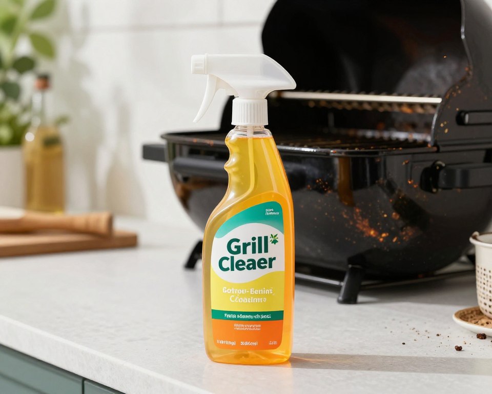 A modern bottle of top-rated grill cleaner spray prominently displayed in the foreground, glistening under soft, diffused kitchen lighting that highlights its sleek design and label. The bottle features a vibrant and eye-catching color scheme, emphasizing its eco-friendly and health-conscious branding. In the middle ground, a shiny, well-used grill with visible grime and residue, illustrating the before-and-after effect of using the cleaner. In the background, a clean and inviting backyard patio scene with a hint of greenery, suggesting a safe and pleasant outdoor cooking environment. The angle captures the spray bottle slightly off-center to add dynamism, while the overall mood is fresh, clean, and uplifting, appealing to health-conscious consumers.