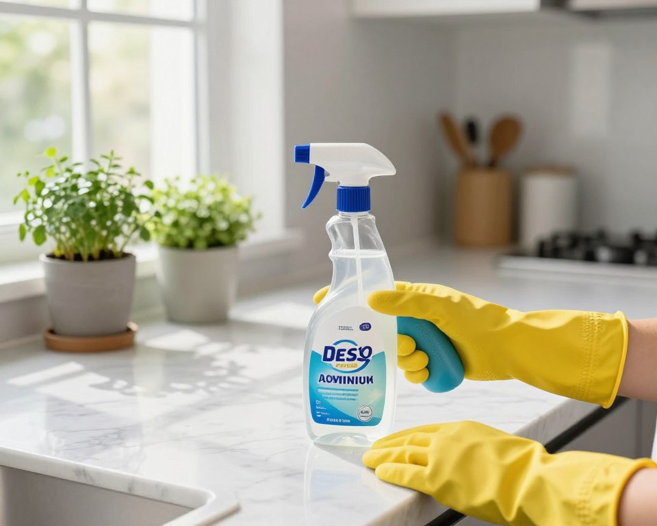 A modern, clean kitchen interior bathed in soft, natural light showcasing a bottle of quaternary ammonium disinfectant prominently placed on a marble countertop. In the foreground, include a pair of hands wearing rubber gloves as they gently spray a surface with the disinfectant. In the middle ground, a neatly organized kitchen with potted herbs and cleaning supplies conveys a sense of cleanliness and safety. The background features a window with sunlight streaming in, highlighting the freshness of the space. The mood is bright, inviting, and reassuring, emphasizing a safe and healthy home environment suitable for daily use of disinfectants. Use a slightly elevated angle to capture the scene, focusing on the disinfectant and the action of cleaning without including any text or logos.