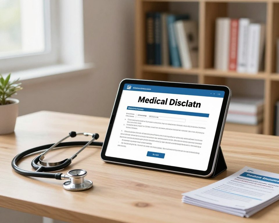A modern, clean workspace with a soft, diffused light coming from a nearby window, illuminating a neatly arranged table. In the foreground, a clinical and professional setting showcases a digital tablet displaying a "Medical Disclaimer" graphic, with an emphasis on readability and clarity. Beside the tablet, a stethoscope and a small stack of health pamphlets reflecting various medical disclaimers add depth. In the middle ground, a blurred background features a bookshelf filled with medical textbooks and journals, hinting at a credible and knowledgeable environment. The mood is serious yet informative, creating an atmosphere of trust and professionalism, ideal for conveying important health-related information. Focus on warm, inviting colors to enhance accessibility and understanding.