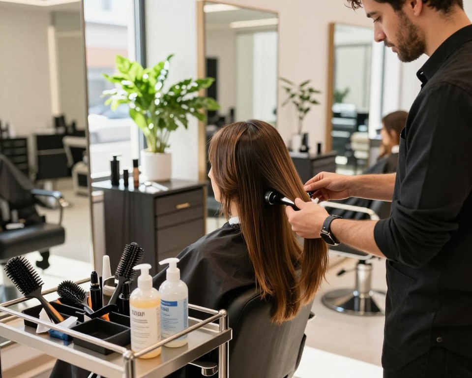 A modern hair salon interior featuring a professional stylist performing a keratin smoothing treatment on a client with sleek, shiny hair. The stylist, dressed in smart casual attire, meticulously applies a formaldehyde-free product, emphasizing safety and care. In the foreground, the stylist's tools are neatly organized on a stylish salon cart, with bottles clearly labeled and a variety of hairbrushes. The middle ground showcases a sunlit salon space with large mirrors reflecting the vibrant atmosphere, plants adding a touch of green, and soft natural light streaming through large windows. The background includes other salon stations, creating a cohesive and professional environment. The mood is warm and inviting, highlighting the growing trend of safe hair treatments.