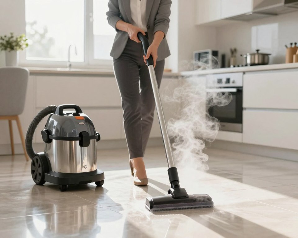 A modern home interior featuring a gleaming tile floor being steam cleaned, showcasing a high-tech steam cleaner releasing visible wisps of steam. In the foreground, include the steam cleaner with a sleek design, fitted with attachments for different surfaces. In the middle ground, a person dressed in professional business attire carefully maneuvers the cleaner, focused and methodical in their movements. The background should feature a clean, well-lit kitchen with natural sunlight streaming through a window, highlighting the purity and chemical-free aspect of steam cleaning. Soft shadows and warm lighting create an inviting atmosphere, illustrating a safe and effective cleaning method without harsh chemicals. A modern home interior featuring a gleaming tile floor being steam cleaned, showcasing a high-tech steam cleaner releasing visible wisps of steam. In the foreground, include the steam cleaner with a sleek design, fitted with attachments for different surfaces. In the middle ground, a person dressed in professional business attire carefully maneuvers the cleaner, focused and methodical in their movements. The background should feature a clean, well-lit kitchen with natural sunlight streaming through a window, highlighting the purity and chemical-free aspect of steam cleaning. Soft shadows and warm lighting create an inviting atmosphere, illustrating a safe and effective cleaning method without harsh chemicals.