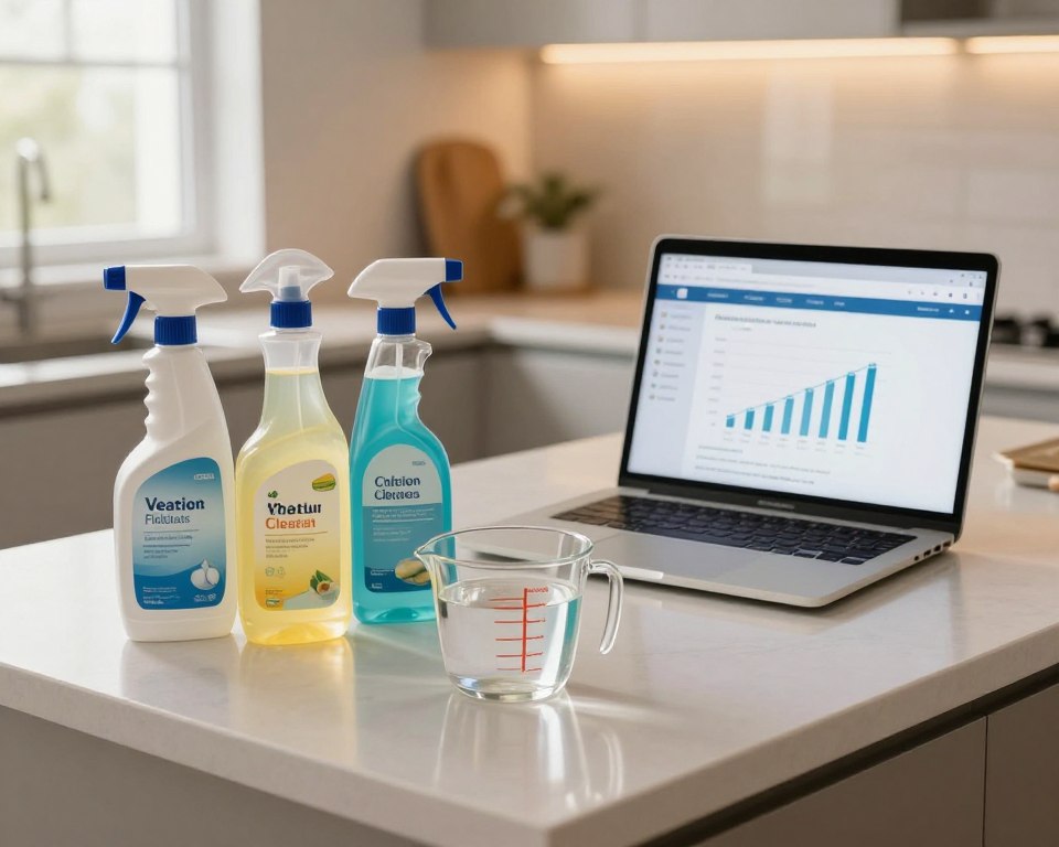A modern home interior showcasing a well-organized kitchen countertop lined with various household cleaners in sleek, eco-friendly packaging. In the foreground, a glass measuring cup filled with a diluted cleaner solution sits next to a set of concentrated cleaner bottles, emphasizing their contrasting appearances. In the middle ground, a laptop open to a webpage displaying a cost-benefit analysis chart of concentrated cleaners versus regular solutions is visible. The background features soft, ambient lighting from a nearby window, casting a warm glow that creates an inviting atmosphere. The overall mood exudes cleanliness and practicality, highlighting the importance of informed choices for safe household cleaning. Use a slightly elevated angle to provide depth to the arrangement; ensure the composition is crisp and clear, focusing on the products and their comparisons.