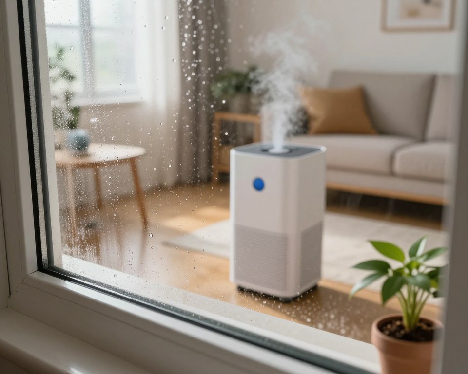 A modern indoor environment depicting common sources of excess moisture, such as a leaking faucet, damp walls, and a small indoor plant. In the foreground, showcase a close-up of a condensation-covered window with droplets glistening in soft, natural light, emphasizing the humidity. In the middle ground, place a dehumidifier subtly emitting a mist, with small droplets forming on surrounding surfaces. The background should include a cozy living area with warm, inviting decor, highlighting an overall sense of indoor comfort despite the moisture issues. Use soft, diffused lighting to create a calm atmosphere, capturing the balance between everyday life and the challenges of managing humidity indoors. Use a slightly elevated angle to give a comprehensive view of the space. A modern indoor environment depicting common sources of excess moisture, such as a leaking faucet, damp walls, and a small indoor plant. In the foreground, showcase a close-up of a condensation-covered window with droplets glistening in soft, natural light, emphasizing the humidity. In the middle ground, place a dehumidifier subtly emitting a mist, with small droplets forming on surrounding surfaces. The background should include a cozy living area with warm, inviting decor, highlighting an overall sense of indoor comfort despite the moisture issues. Use soft, diffused lighting to create a calm atmosphere, capturing the balance between everyday life and the challenges of managing humidity indoors. Use a slightly elevated angle to give a comprehensive view of the space.