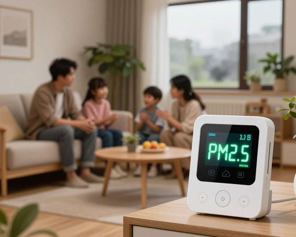 A modern indoor environment that conveys the concept of indoor air quality and particulate matter PM2.5. In the foreground, a high-tech air quality monitor displaying elevated PM2.5 levels glows softly. The middle ground features a cozy living room with a family gathered, casually dressed, discussing air quality. Plants are present, emphasizing a healthy indoor atmosphere. In the background, a window shows a smoky exterior landscape, contrasting with the indoor scene. The lighting is warm and inviting, while the overall mood feels calm yet slightly concerning, highlighting the importance of air quality. Use a sharp focus on the air monitor, with a blurred background to draw the viewer's attention to the indoor setting.
