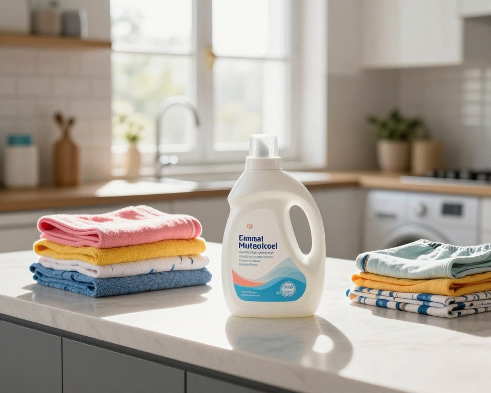 A modern kitchen countertop displaying a bottle of laundry sanitizer additive, prominently featured in the foreground. The bottle is sleek and contemporary, with a clear label illustrating its purpose. Surrounding the bottle are neatly folded towels and a colorful assortment of laundry items, such as bright and patterned clothing. In the middle ground, a radiant window allows natural light to flood in, creating a warm, inviting atmosphere. The background shows a laundry room with softly focused appliances, hinting at cleanliness and efficiency. The lighting is soft and natural, enhancing the colors of the laundry items while casting gentle shadows. The mood is fresh and practical, focusing on the effectiveness of using a laundry sanitizer additive. A modern kitchen countertop displaying a bottle of laundry sanitizer additive, prominently featured in the foreground. The bottle is sleek and contemporary, with a clear label illustrating its purpose. Surrounding the bottle are neatly folded towels and a colorful assortment of laundry items, such as bright and patterned clothing. In the middle ground, a radiant window allows natural light to flood in, creating a warm, inviting atmosphere. The background shows a laundry room with softly focused appliances, hinting at cleanliness and efficiency. The lighting is soft and natural, enhancing the colors of the laundry items while casting gentle shadows. The mood is fresh and practical, focusing on the effectiveness of using a laundry sanitizer additive.