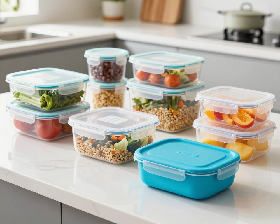 A modern kitchen countertop featuring an assortment of microwave-safe food storage containers, including clear plastic and colorful silicone options, neatly arranged and filled with healthy, visually appealing foods like steamed vegetables, grains, and fruits. In the foreground, focus on a vibrant blue container with a matching lid, showcasing its airtight seal. The middle ground features various containers of different shapes and sizes, some with labels indicating their use as microwave safe. The background includes a softly lit kitchen with natural light streaming in, reflecting a clean and inviting atmosphere. The angle is slightly elevated, allowing a clear view of both the containers and their contents, creating an engaging and informative visual. A modern kitchen countertop featuring an assortment of microwave-safe food storage containers, including clear plastic and colorful silicone options, neatly arranged and filled with healthy, visually appealing foods like steamed vegetables, grains, and fruits. In the foreground, focus on a vibrant blue container with a matching lid, showcasing its airtight seal. The middle ground features various containers of different shapes and sizes, some with labels indicating their use as microwave safe. The background includes a softly lit kitchen with natural light streaming in, reflecting a clean and inviting atmosphere. The angle is slightly elevated, allowing a clear view of both the containers and their contents, creating an engaging and informative visual.