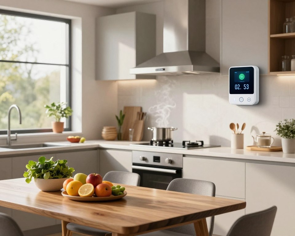A modern kitchen environment featuring an open layout, emphasizing excellent indoor air quality. In the foreground, a sleek wooden dining table is set with fresh fruits and plants, symbolizing a healthy atmosphere. The middle ground showcases a well-equipped kitchen with stainless steel appliances, a range hood, and an induction cooktop with a steaming pot, implying cooking activities. Soft, natural light filters in through large windows, casting a warm glow and creating an inviting mood. In the background, an air quality monitor displays optimal readings, emphasizing the importance of air purity. The overall atmosphere is clean and vibrant, reflecting a healthy living space focused on well-being. The image conveys a sense of comfort, safety, and contemporary design.