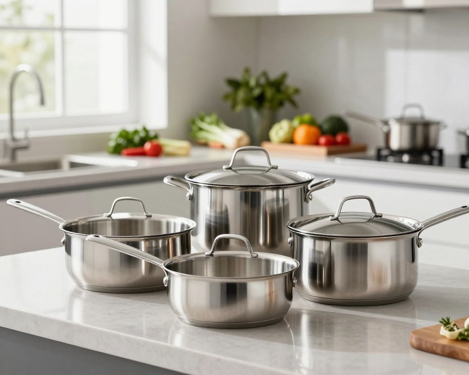 A modern kitchen scene featuring a sleek stainless steel cookware set displayed prominently in the foreground on a polished countertop. The pans are shiny and well-crafted, with reflections highlighting their smooth surfaces. In the middle ground, a subtle kitchen background includes fresh ingredients like vegetables and herbs, creating a sense of preparation and health. Soft, natural light filters through a window, casting gentle shadows and enhancing the sophisticated atmosphere. The camera angle is slightly above eye-level, focusing on the cookware while keeping the background blurred to emphasize the main subject. The mood is inviting and professional, conveying a sense of safety and reliability associated with stainless steel cookware, while dispelling common misconceptions about its use.