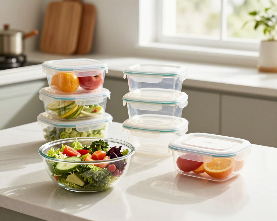 A modern kitchen scene featuring safe, reusable Tritan plastic containers in various shapes and sizes, placed prominently on a clean countertop. In the foreground, a colorful salad is served in a clear Tritan bowl, showcasing its clarity and sleek design. In the middle ground, light reflects gently off the containers, emphasizing their durability and BPA-free label, with fresh fruits visible in background containers. The setting is well-lit with natural sunlight streaming through a window, creating a warm and inviting atmosphere. The angle is slightly elevated, providing a comprehensive view of the kitchen workspace, emphasizing cleanliness and organization. The overall mood is positive and health-conscious, illustrating the concept of safe, everyday use of Tritan plastic for families. A modern kitchen scene featuring safe, reusable Tritan plastic containers in various shapes and sizes, placed prominently on a clean countertop. In the foreground, a colorful salad is served in a clear Tritan bowl, showcasing its clarity and sleek design. In the middle ground, light reflects gently off the containers, emphasizing their durability and BPA-free label, with fresh fruits visible in background containers. The setting is well-lit with natural sunlight streaming through a window, creating a warm and inviting atmosphere. The angle is slightly elevated, providing a comprehensive view of the kitchen workspace, emphasizing cleanliness and organization. The overall mood is positive and health-conscious, illustrating the concept of safe, everyday use of Tritan plastic for families.