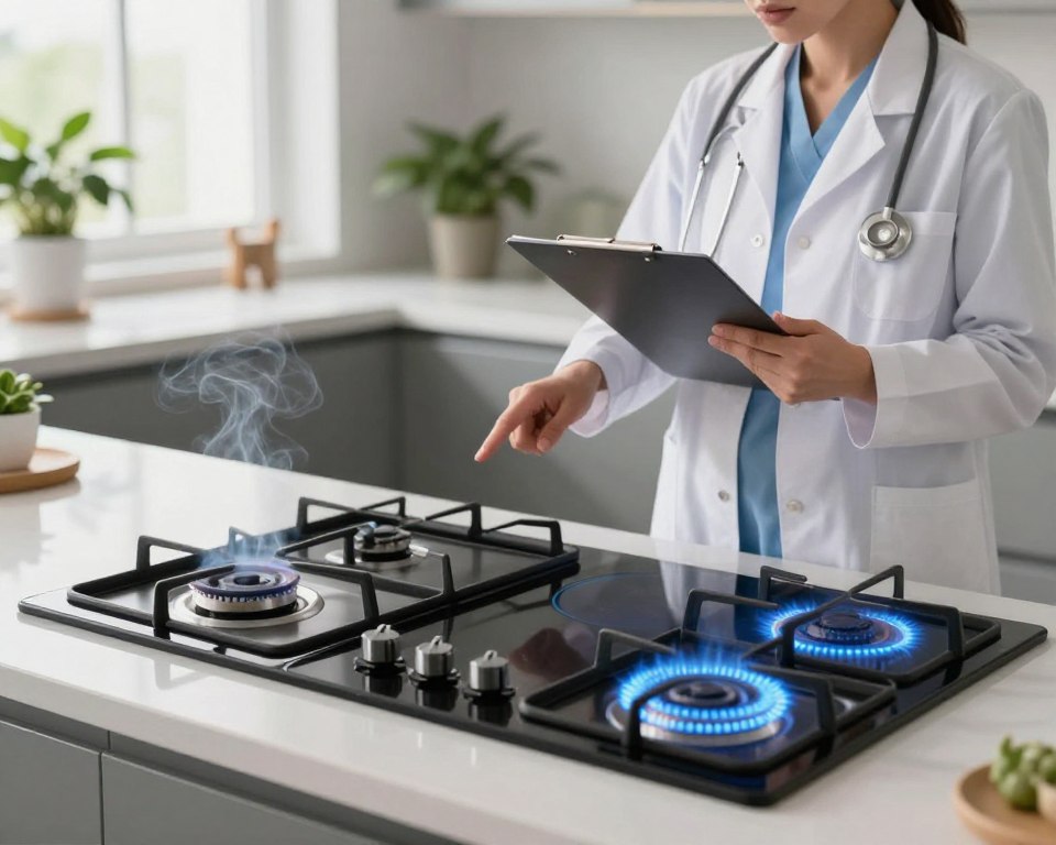 A modern kitchen scene showcasing a gas stove, electric stove, and induction cooktop side by side on a sleek countertop. In the foreground, the gas stove emits faint plumes of grayish smoke, while the electric stove has visible stovetop heat waves, and the induction cooktop displays bright glowing circles indicating active cooking areas. Midground features a health expert in professional attire, pointing at the gas stove with concern while holding a clipboard, emphasizing health effects. The background includes a well-lit kitchen with green plants for a fresh atmosphere. Soft, natural lighting creates an inviting yet informative mood, highlighting the contrast between the appliances and their impact on indoor air quality.