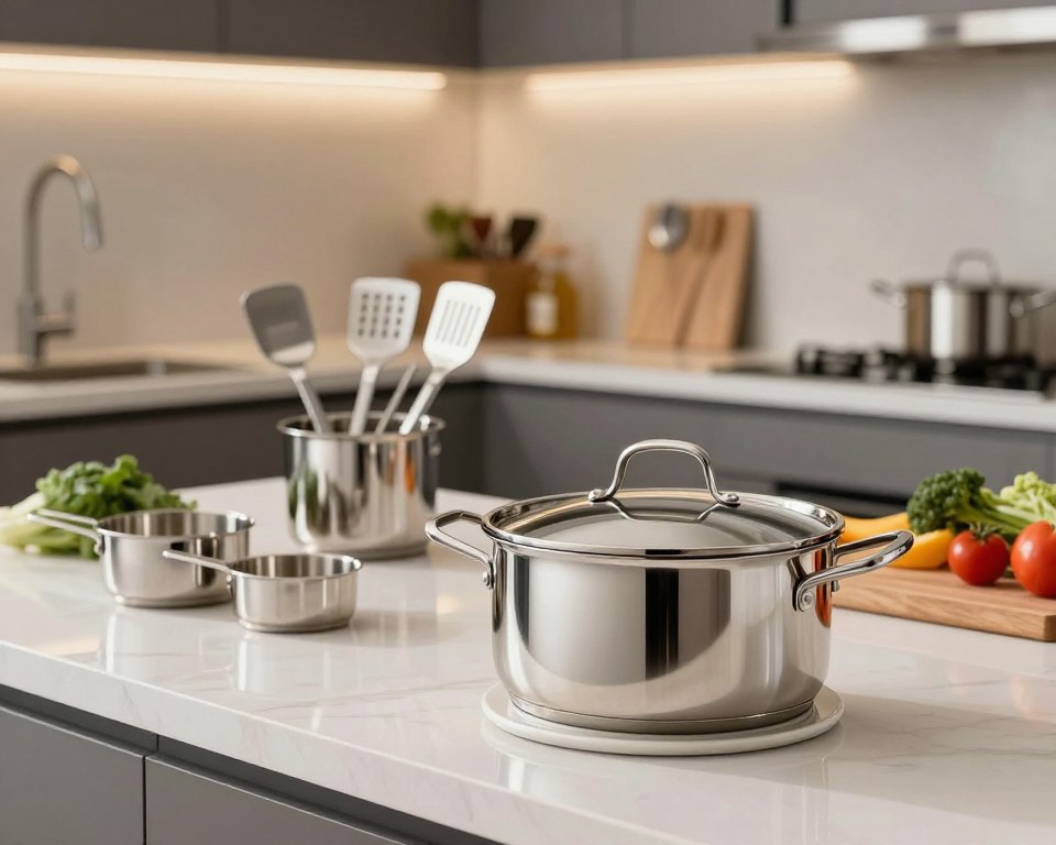 A modern kitchen setting featuring a well-lit countertop with an array of high-quality stainless steel cookware. In the foreground, an elegant stainless steel pot with a lid sits atop a ceramic trivet, reflecting light in a way that highlights its polished surface. In the middle ground, various utensils like a stainless steel spatula and measuring cups are artfully arranged alongside a cutting board with fresh vegetables, illustrating preparation for a healthy meal. The background showcases a sleek kitchen with soft, ambient lighting to create a warm, inviting atmosphere. The overall mood is one of cleanliness, safety, and culinary excellence, emphasizing the importance of choosing quality cookware.