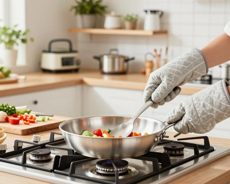 A modern kitchen setting focused on safe cooking practices with aluminum cookware. In the foreground, a shiny aluminum frying pan is placed on a gas stove, its surface gleaming under soft, warm lighting. A pair of hands, wearing heat-resistant oven mitts, gently stir vegetables in the pan, showcasing the active cooking process. In the middle ground, a wooden cutting board with neatly chopped ingredients and a few utensils complements the scene. The background features kitchen shelves organized with various cooking appliances and plants, enhancing a homey atmosphere. The lighting is bright yet soft, creating an inviting ambiance, ideal for illustrating best practices in using aluminum cookware safely, emphasizing a precautionary and informative mood. A modern kitchen setting focused on safe cooking practices with aluminum cookware. In the foreground, a shiny aluminum frying pan is placed on a gas stove, its surface gleaming under soft, warm lighting. A pair of hands, wearing heat-resistant oven mitts, gently stir vegetables in the pan, showcasing the active cooking process. In the middle ground, a wooden cutting board with neatly chopped ingredients and a few utensils complements the scene. The background features kitchen shelves organized with various cooking appliances and plants, enhancing a homey atmosphere. The lighting is bright yet soft, creating an inviting ambiance, ideal for illustrating best practices in using aluminum cookware safely, emphasizing a precautionary and informative mood.