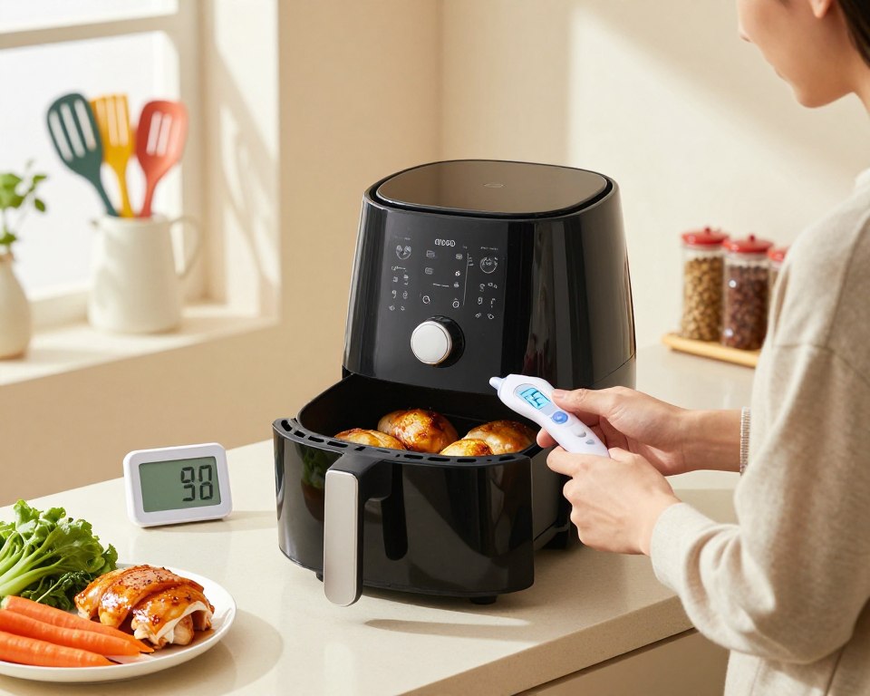 A modern kitchen setting with an air fryer prominently displayed on a countertop, featuring fresh vegetables, marinated chicken, and a digital thermometer next to it. In the foreground, a pair of hands, dressed in modest casual clothing, are using the thermometer to check the food's internal temperature, emphasizing safety. The middle layer shows the air fryer with its lid slightly ajar, revealing golden-brown food inside. Soft, natural lighting filters in from a nearby window, casting warm shadows that create a welcoming atmosphere. The background includes colorful kitchen utensils and a well-organized spice rack, reinforcing a sense of culinary care and attention to safety. The entire scene conveys a mood of healthy cooking and temperature control.