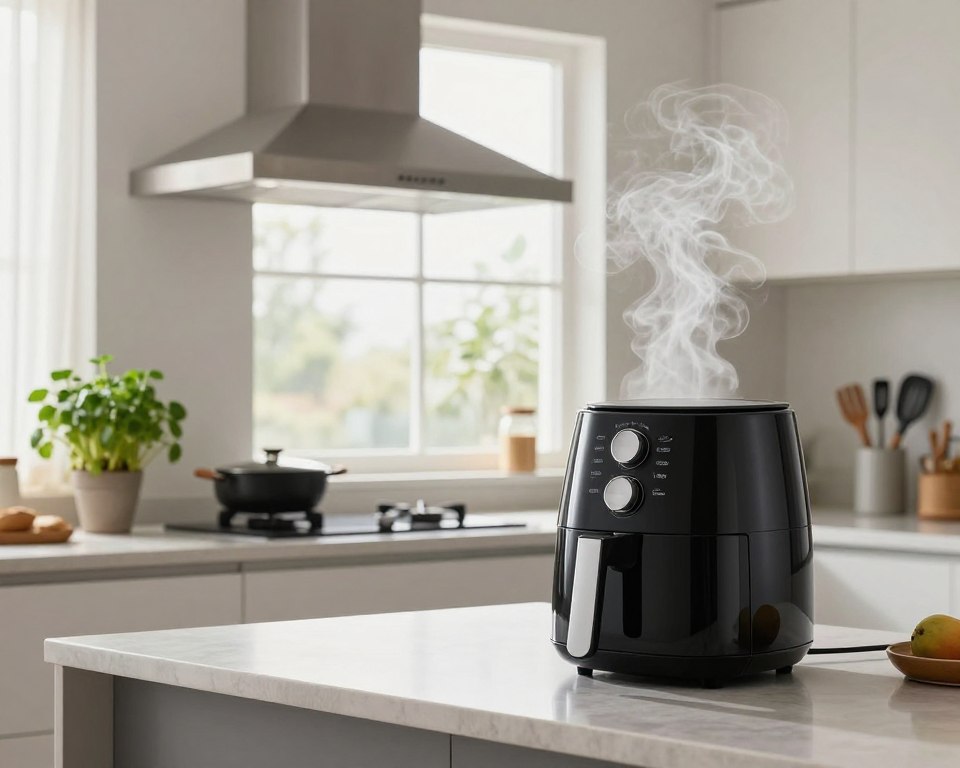 A modern kitchen showcasing effective ventilation and air quality features. In the foreground, an air fryer is prominently placed on a sleek countertop, with steam gently rising from it, illustrating its usage. In the middle, a well-placed window allows natural light to flood the space, illuminating a stylish range hood above the stove, with a gentle breeze indicated by flowing curtains. The background features a potted herb plant, symbolizing freshness, and an assortment of cooking utensils neatly arranged. Soft, diffused lighting enhances the cleanliness of the scene, while a bright, inviting atmosphere conveys a sense of safety and good air quality. The overall mood is one of comfort and modern living in a healthy cooking environment.