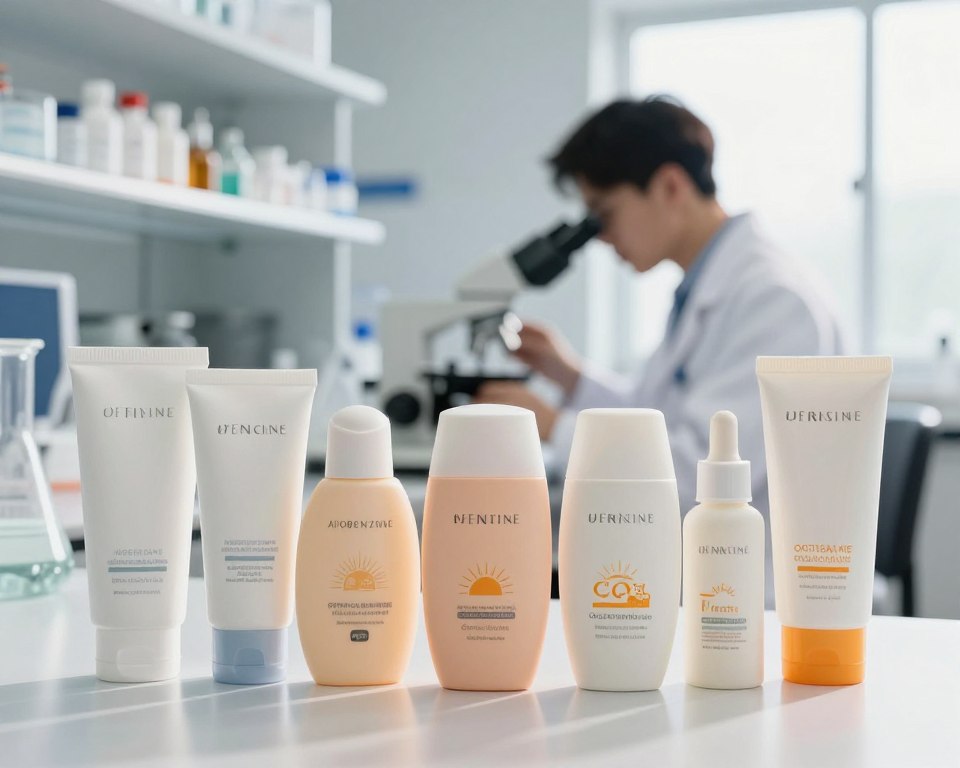 A modern laboratory setting, featuring a close-up arrangement of various chemical sunscreen bottles in the foreground. The sunscreens display elegant, minimalist packaging with soft pastel colors, prominently featuring their key active ingredients like avobenzone, octisalate, and octocrylene. In the middle ground, a researcher, wearing a lab coat, examines a sample with a microscope, highlighting the scientific approach to understanding chemical filters. The background showcases shelves filled with skincare products and scientific equipment, illuminated by soft, natural light pouring through a window, creating a warm and inviting atmosphere. The overall mood should convey a sense of professionalism, curiosity, and the quest for knowledge in skincare safety.
