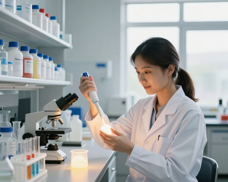 A modern laboratory setting focused on the safety of optical brighteners. In the foreground, a professional female scientist in a white lab coat examines a glowing laundry detergent sample, with a pipette in hand, surrounded by lab equipment like test tubes and microscopes. In the middle ground, well-organized shelves display bottles labeled with different optical brighteners. The background features a window with soft natural light streaming in, creating a lively, optimistic mood, suggesting a blend of science and innovation. Warm lighting enhances the scene, while the overall composition reflects a clean and safe environment. The atmosphere conveys professionalism, trust, and the importance of human health in product safety. A modern laboratory setting focused on the safety of optical brighteners. In the foreground, a professional female scientist in a white lab coat examines a glowing laundry detergent sample, with a pipette in hand, surrounded by lab equipment like test tubes and microscopes. In the middle ground, well-organized shelves display bottles labeled with different optical brighteners. The background features a window with soft natural light streaming in, creating a lively, optimistic mood, suggesting a blend of science and innovation. Warm lighting enhances the scene, while the overall composition reflects a clean and safe environment. The atmosphere conveys professionalism, trust, and the importance of human health in product safety.