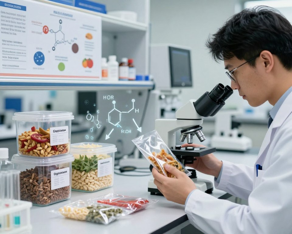 A modern laboratory setting showcasing the educational context of chemical migration in food packaging. In the foreground, a scientist in a white lab coat examines food samples encased in transparent plastic wrap, using a microscope. In the middle, there are clear glass containers labeled with various types of food and different packaging materials, some emitting faint chemical symbols and arrows, illustrating migration. The background features a detailed wall chart depicting chemical structures and food safety guidelines. Bright, focusing lighting highlights the scientist and the specimens, while a soft, blurred view of lab equipment adds depth. The atmosphere is serious yet informative, emphasizing the importance of food safety research and chemical awareness. A modern laboratory setting showcasing the educational context of chemical migration in food packaging. In the foreground, a scientist in a white lab coat examines food samples encased in transparent plastic wrap, using a microscope. In the middle, there are clear glass containers labeled with various types of food and different packaging materials, some emitting faint chemical symbols and arrows, illustrating migration. The background features a detailed wall chart depicting chemical structures and food safety guidelines. Bright, focusing lighting highlights the scientist and the specimens, while a soft, blurred view of lab equipment adds depth. The atmosphere is serious yet informative, emphasizing the importance of food safety research and chemical awareness.