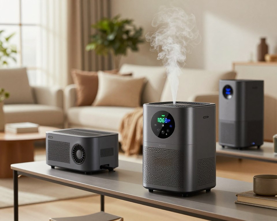 A modern living room featuring various ozone generators prominently displayed on a sleek, minimalist shelf. In the foreground, a stylish, compact ozone generator emits subtle wisps of vapor, its digital display illuminated with green and blue lights, conveying a high-tech feel. The middle ground reveals a cozy sofa with decorative throw pillows, subtly indicating a home environment, and a potted plant, symbolizing a natural contrast to the mechanical devices. In the background, a large window lets in soft, natural light, creating a warm ambiance. The overall atmosphere is both contemporary and slightly clinical, emphasizing the balance between home comfort and technology, while highlighting the presence of ozone-generating devices without human subjects. Use a slight overhead angle to capture the arrangement cohesively. A modern living room featuring various ozone generators prominently displayed on a sleek, minimalist shelf. In the foreground, a stylish, compact ozone generator emits subtle wisps of vapor, its digital display illuminated with green and blue lights, conveying a high-tech feel. The middle ground reveals a cozy sofa with decorative throw pillows, subtly indicating a home environment, and a potted plant, symbolizing a natural contrast to the mechanical devices. In the background, a large window lets in soft, natural light, creating a warm ambiance. The overall atmosphere is both contemporary and slightly clinical, emphasizing the balance between home comfort and technology, while highlighting the presence of ozone-generating devices without human subjects. Use a slight overhead angle to capture the arrangement cohesively.