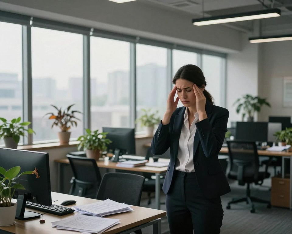 A modern office interior depicting symptoms of sick building syndrome and chemical sensitivity. In the foreground, a professional woman in business attire stands with a concerned expression, holding her temples as if experiencing brain fog. The middle ground features an open workspace with desks cluttered with papers and indoor plants showing signs of distress, like wilting leaves. In the background, windows reveal a hazy city landscape through which soft, diffused sunlight filters, creating a somber mood. The lighting is ambient, casting gentle shadows to enhance the feeling of unease. Capture the essence of discomfort and the impact of chemical exposure, with an emphasis on a sterile work environment. Aim for a realistic perspective using a slight wide-angle lens effect to encompass the scene.