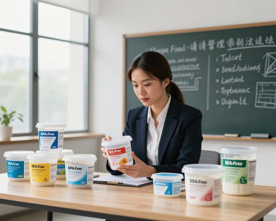 A modern office setting with a large table in the foreground, strewn with BPA-free plastic containers and labels showcasing various marketing claims. In the center, a professional woman in smart business attire studies the labels intently, surrounded by colorful infographics highlighting safety symbols and scientific data regarding BPA. The middle ground features a chalkboard filled with handwritten notes on marketing tactics and consumer awareness. In the background, large windows let in soft natural light, creating a warm and inviting atmosphere. The overall mood is one of focus and diligence, emphasizing the importance of informed decision-making in navigating marketing claims and labeling for BPA-free plastic. The composition should convey clarity and professionalism, with a slight depth-of-field effect on the foreground to draw attention to the central figure and materials.
