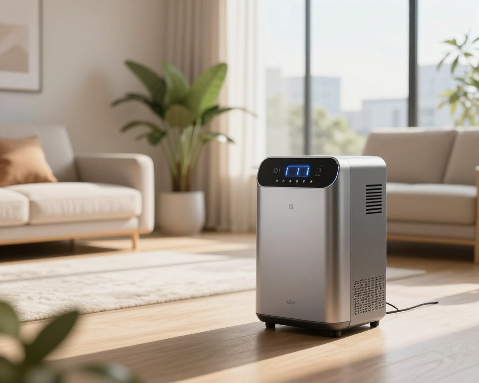 A modern ozone generator placed prominently in the foreground, showcasing its sleek, metallic design with subtle LED indicators glowing softly. The device exudes a sense of high-tech functionality, with controls and ventilation grilles clearly visible. In the middle ground, a well-lit living room environment reflects an indoor space where the generator might be used, featuring indoor plants and a clean, minimalistic aesthetic. Soft sunlight filters through a large window, casting warm, inviting shadows. In the background, a faint outline of distant buildings can be seen through the window, hinting at an urban setting. The mood conveys a balance of innovation and tranquility, emphasizing the role of ozone-generating air cleaning devices in maintaining indoor air quality. The image captures a sense of careful evaluation and awareness of potential indoor air concerns. A modern ozone generator placed prominently in the foreground, showcasing its sleek, metallic design with subtle LED indicators glowing softly. The device exudes a sense of high-tech functionality, with controls and ventilation grilles clearly visible. In the middle ground, a well-lit living room environment reflects an indoor space where the generator might be used, featuring indoor plants and a clean, minimalistic aesthetic. Soft sunlight filters through a large window, casting warm, inviting shadows. In the background, a faint outline of distant buildings can be seen through the window, hinting at an urban setting. The mood conveys a balance of innovation and tranquility, emphasizing the role of ozone-generating air cleaning devices in maintaining indoor air quality. The image captures a sense of careful evaluation and awareness of potential indoor air concerns.