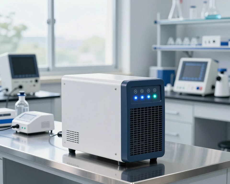 A modern ozone generator prominently displayed on a sleek, stainless steel table in a well-lit laboratory setting. The foreground features the ozone generator with LED indicators glowing softly, showcasing its advanced technology. In the middle ground, there are various air quality monitors and chemical analysis equipment, emphasizing a scientific atmosphere. The background includes a clear window revealing a bright, sunny day outside, symbolizing fresh air and clean living. Utilize bright, natural lighting to enhance the sleek surfaces and elicit a sense of innovation. The image conveys a professional and high-tech mood, perfect for illustrating specialized technologies used for chemical removal in air purification.