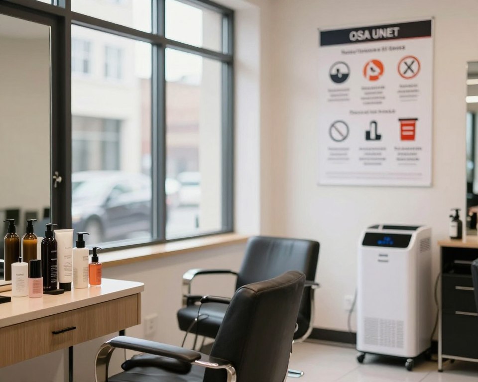 A modern salon interior, focusing on a well-ventilated area designed according to OSHA guidelines. In the foreground, a stylish salon workstation with hair products neatly arranged, along with an air purification system. The middle ground features a comfortable stylist chair, surrounded by large windows letting in soft, natural light, enhancing the ambiance. In the background, a detailed poster on the wall highlights key OSHA guidelines for formaldehyde safety, illustrated with icons and symbols. The atmosphere conveys a professional yet welcoming vibe, underscoring the importance of safety in a beauty environment. Capture the scene with a soft-focus lens to create warmth while maintaining clarity on safety details.