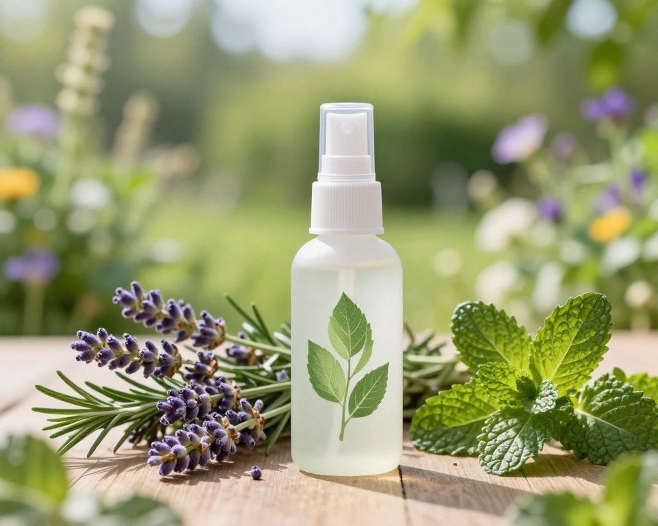 A natural flea spray bottle prominently featured in the foreground, showcasing an elegant, eco-friendly design with a leaf motif and a fine mist nozzle. In the middle ground, fresh herbs like lavender, rosemary, and peppermint are artistically arranged around the bottle, emphasizing the organic ingredients. The background features a softly blurred natural setting, such as a bright garden or sunny outdoor space filled with vibrant greenery and wildflowers, creating a harmonious, calming atmosphere. Soft, natural lighting illuminates the scene, highlighting the freshness of the herbs and the sprayer's material. Capture the image from a slightly elevated angle for an inviting perspective, with a warm and serene mood that conveys safety and eco-friendliness.