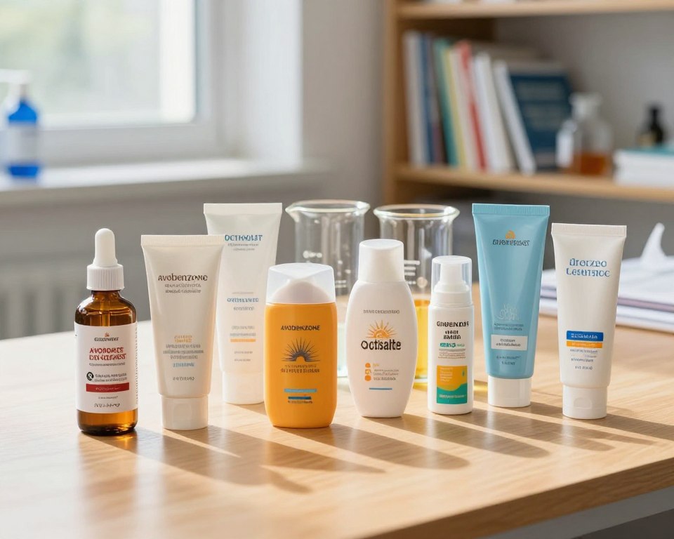 A neatly arranged collection of chemical sunscreen products on a wooden table in a well-lit laboratory setting. The foreground features a few bottles and tubes of chemical sunscreens, showcasing various labels and ingredients like avobenzone and octisalate. In the middle ground, there are clear glass beakers filled with colorful liquid representations of the active ingredients, demonstrating their chemical nature. The background features a blurred bookshelf filled with scientific texts and journals on dermatology and skincare. Natural sunlight filters through a window, creating a bright and inviting atmosphere. The composition should evoke a sense of professionalism and curiosity, with an emphasis on the safety and efficacy of the products. The entire scene is shot from a slightly elevated angle to capture the details effectively.