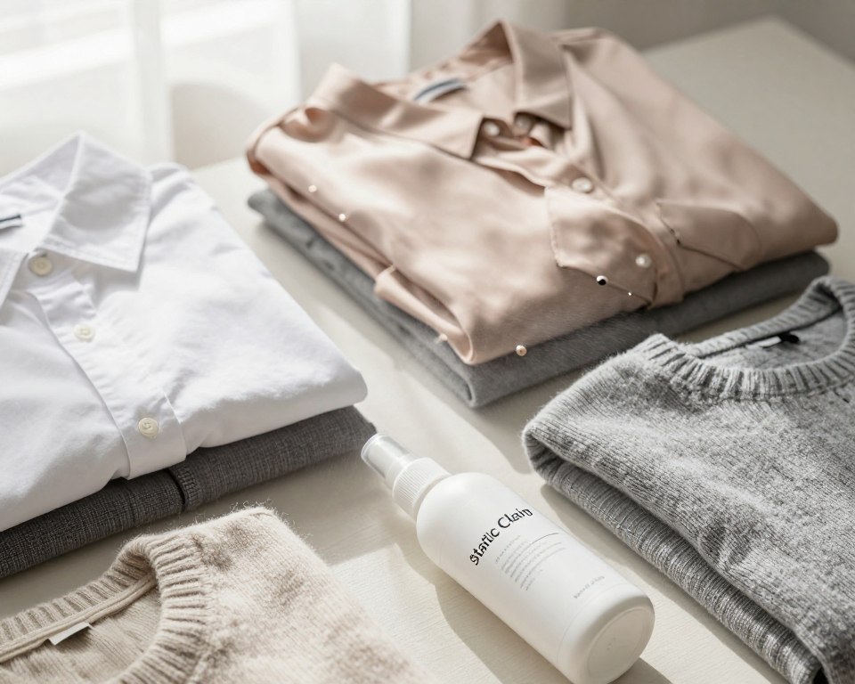 A neatly arranged flat lay composition featuring a stylish outfit made of various fabric textures, showcasing the effects of static cling on clothing. In the foreground, a bottle of static cling spray is prominently displayed, open and with a mist of spray visible. In the middle, folded clothes like a cotton shirt, a silk blouse, and a wool sweater surround the spray, each showing slight static cling effects like lifted fabric edges. In the background, a soft, diffused natural light streams in, highlighting the textures and colors of the fabric. The atmosphere is inviting, conveying a sense of practicality and professionalism, perfect for a home setting. The angle is slightly elevated to capture the depth of the fabrics and the product in focus, creating a clean, organized aesthetic. A neatly arranged flat lay composition featuring a stylish outfit made of various fabric textures, showcasing the effects of static cling on clothing. In the foreground, a bottle of static cling spray is prominently displayed, open and with a mist of spray visible. In the middle, folded clothes like a cotton shirt, a silk blouse, and a wool sweater surround the spray, each showing slight static cling effects like lifted fabric edges. In the background, a soft, diffused natural light streams in, highlighting the textures and colors of the fabric. The atmosphere is inviting, conveying a sense of practicality and professionalism, perfect for a home setting. The angle is slightly elevated to capture the depth of the fabrics and the product in focus, creating a clean, organized aesthetic.