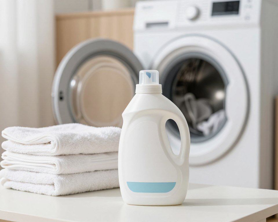 A neatly arranged laundry scene featuring a bottle of laundry sanitizer additive prominently in the foreground, with a modern washing machine behind it. The bottle should be sleek and well-designed, showcasing its label prominently without text, emphasizing its purpose in ensuring cleanliness. In the middle ground, neatly folded towels and a fresh load of laundry are visible, representing cleanliness and freshness. The background is a well-lit laundry room with soft, warm lighting creating a cozy and inviting atmosphere. Use a shallow depth of field to keep the focus on the sanitizer additive, blurring the laundry and washing machine slightly. The overall mood should convey a sense of cleanliness, freshness, and effectiveness, illustrating the importance of laundry sanitation in daily life. A neatly arranged laundry scene featuring a bottle of laundry sanitizer additive prominently in the foreground, with a modern washing machine behind it. The bottle should be sleek and well-designed, showcasing its label prominently without text, emphasizing its purpose in ensuring cleanliness. In the middle ground, neatly folded towels and a fresh load of laundry are visible, representing cleanliness and freshness. The background is a well-lit laundry room with soft, warm lighting creating a cozy and inviting atmosphere. Use a shallow depth of field to keep the focus on the sanitizer additive, blurring the laundry and washing machine slightly. The overall mood should convey a sense of cleanliness, freshness, and effectiveness, illustrating the importance of laundry sanitation in daily life.