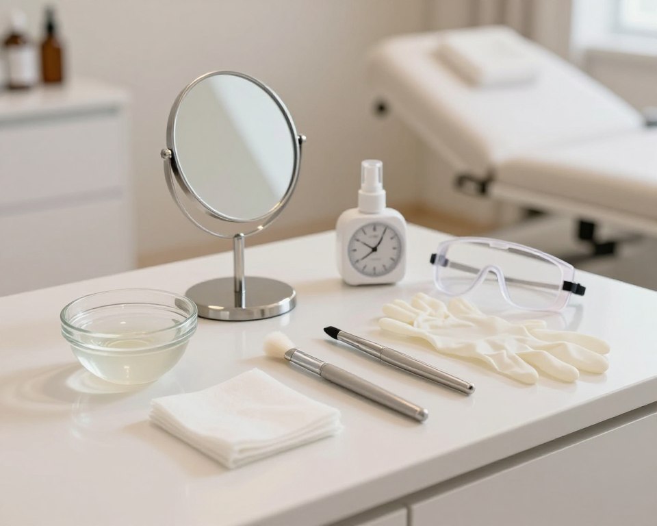 A neatly organized countertop displaying essential equipment for a chemical peel procedure. In the foreground, feature a set of professional-grade skincare tools: a small bowl containing a chemical solution, gauze pads, and a precision applicator brush. In the middle ground, include a stylish mirror, a timer, and a pair of protective gloves and goggles. The background should be softly blurred to depict a serene, well-lit treatment room with neutral colors and clean lines, evoking a sense of calm and professionalism. Use soft, even lighting to highlight the equipment while creating gentle shadows. Capture the scene from a slightly elevated angle, giving a clear view of the countertop and its tools, emphasizing preparation and safety. The mood is tranquil and clinical, reflecting a safe home environment for skincare. A neatly organized countertop displaying essential equipment for a chemical peel procedure. In the foreground, feature a set of professional-grade skincare tools: a small bowl containing a chemical solution, gauze pads, and a precision applicator brush. In the middle ground, include a stylish mirror, a timer, and a pair of protective gloves and goggles. The background should be softly blurred to depict a serene, well-lit treatment room with neutral colors and clean lines, evoking a sense of calm and professionalism. Use soft, even lighting to highlight the equipment while creating gentle shadows. Capture the scene from a slightly elevated angle, giving a clear view of the countertop and its tools, emphasizing preparation and safety. The mood is tranquil and clinical, reflecting a safe home environment for skincare.