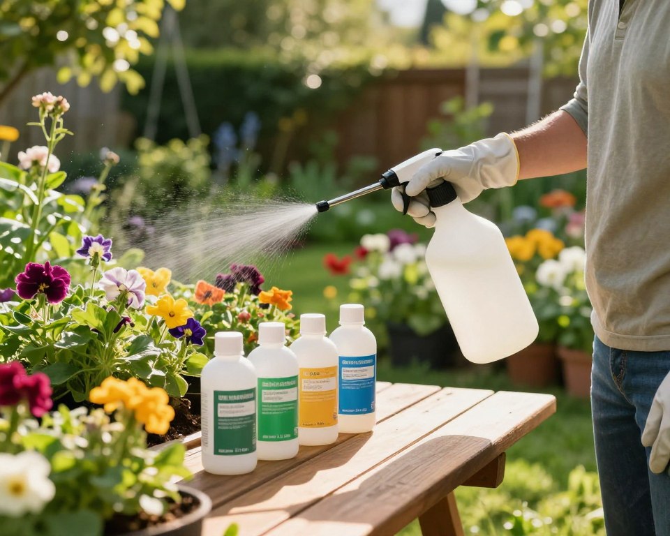A peaceful garden scene showcasing the safe application of garden fungicide. In the foreground, a person in modest casual clothing wearing gloves applies fungicide to a vibrant array of flowers and plants, demonstrating best practices. The middle ground features a selection of labeled fungicide bottles, neatly arranged on a wooden table, emphasizing organization and safety. In the background, a well-maintained garden with lush greenery and colorful blooms is bathed in warm, natural sunlight, casting soft shadows. The atmosphere conveys a sense of care and responsibility, ensuring a safe and healthy gardening experience. The angle captures a slight upward tilt, emphasizing the positive interaction between the gardener and their thriving plants. The overall mood is serene and encouraging, highlighting the importance of safety in gardening activities.