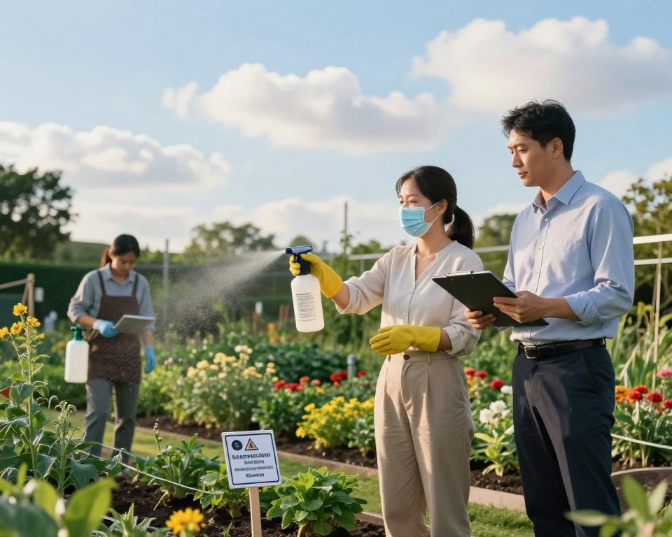 A peaceful garden setting during the early afternoon, showcasing diligent homeowners and gardeners practicing herbicide safety measures. In the foreground, a woman in modest casual attire is wearing protective gloves and a mask while carefully spraying herbicide from a labeled bottle, ensuring proper handling. Beside her, a man in professional business attire reviews safety instructions on a clipboard. The middle ground features a well-maintained garden with vibrant plants and clear signage about safety precautions, while the background displays a bright blue sky with a few puffy white clouds, enhancing the serene atmosphere. Soft, natural lighting highlights the focus on safety and responsibility in handling herbicides, creating a sense of professionalism and care.