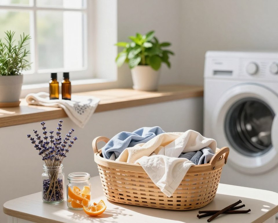 A peaceful laundry scene showcasing natural methods for enhancing scent, featuring a bright and airy laundry room with sunlight streaming through a window. In the foreground, display a wooden basket filled with freshly laundered clothes, exuding soft, light colors. Surrounding the basket, include small jars of natural scent enhancers like dried lavender, citrus peels, and vanilla beans, artfully arranged. In the middle, depict a cozy countertop with essential oil bottles and a delicate cloth, suggesting a DIY approach. The background features clean, white walls and potted herbs such as rosemary and mint, contributing to the refreshing atmosphere. Soft shadows cast by the natural light create a warm, inviting mood, ideal for a soothing laundry experience. A peaceful laundry scene showcasing natural methods for enhancing scent, featuring a bright and airy laundry room with sunlight streaming through a window. In the foreground, display a wooden basket filled with freshly laundered clothes, exuding soft, light colors. Surrounding the basket, include small jars of natural scent enhancers like dried lavender, citrus peels, and vanilla beans, artfully arranged. In the middle, depict a cozy countertop with essential oil bottles and a delicate cloth, suggesting a DIY approach. The background features clean, white walls and potted herbs such as rosemary and mint, contributing to the refreshing atmosphere. Soft shadows cast by the natural light create a warm, inviting mood, ideal for a soothing laundry experience.